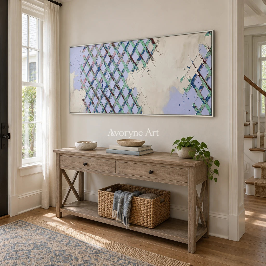 Earthen Rhythm pastel grid texture wall art with a silver frame in an entryway