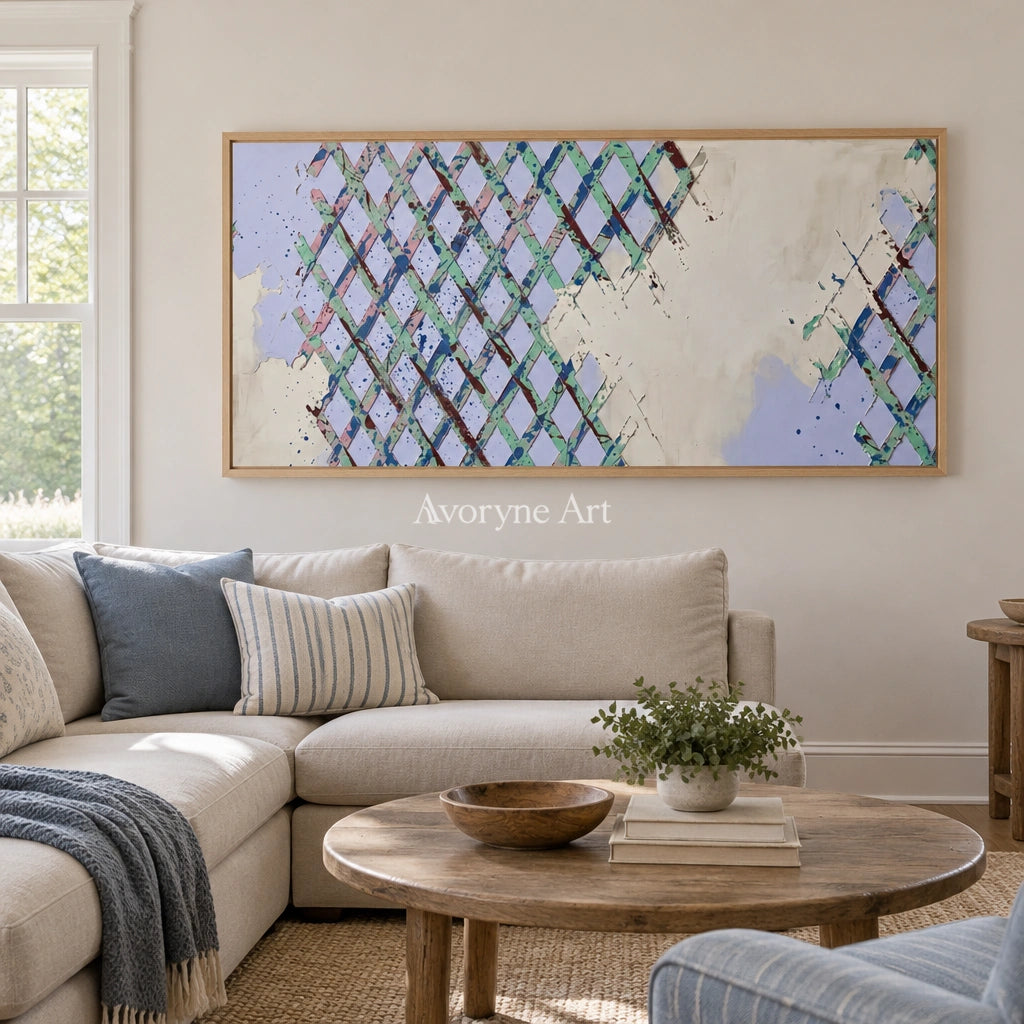 Earthen Rhythm pastel grid texture wall art with a wood frame in a villa living space