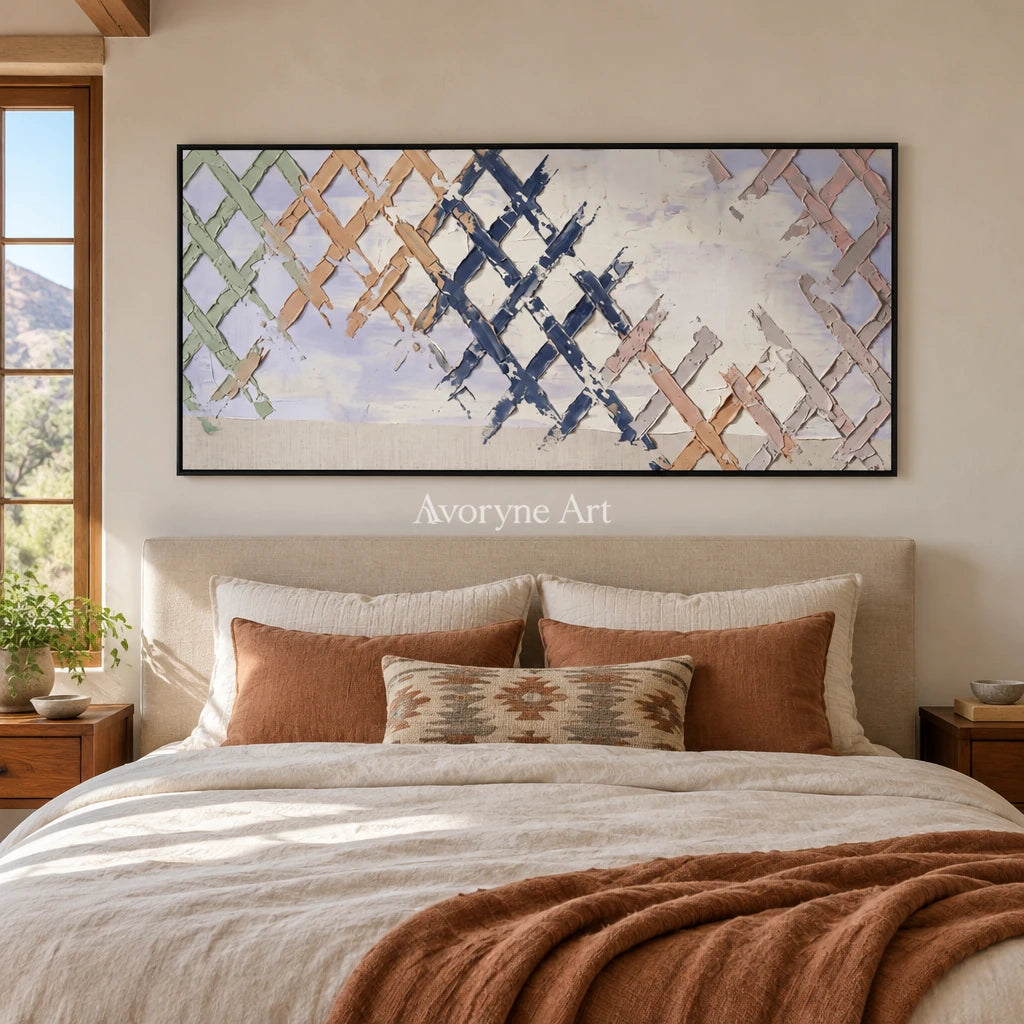 Earthen Memory pastel grid texture wall art with a black frame above a bed in a bedroom