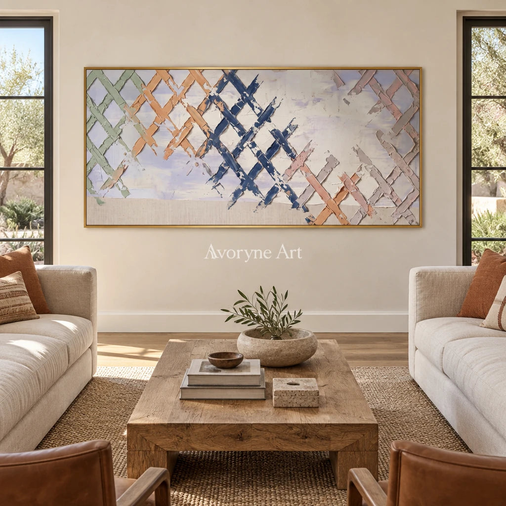 Earthen Memory pastel grid texture wall art with a gold frame hanging in a living room