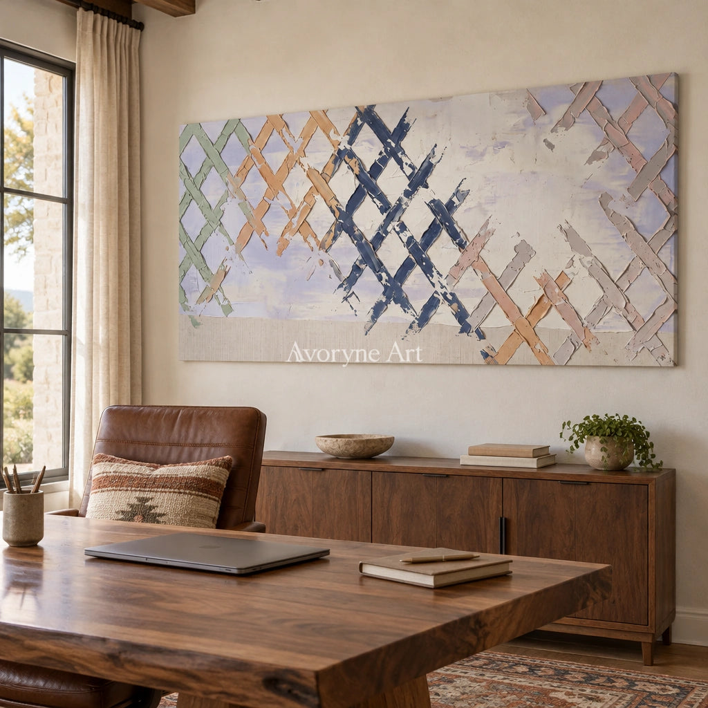 Earthen Memory pastel grid texture wall art as a frameless stretched canvas in a home office