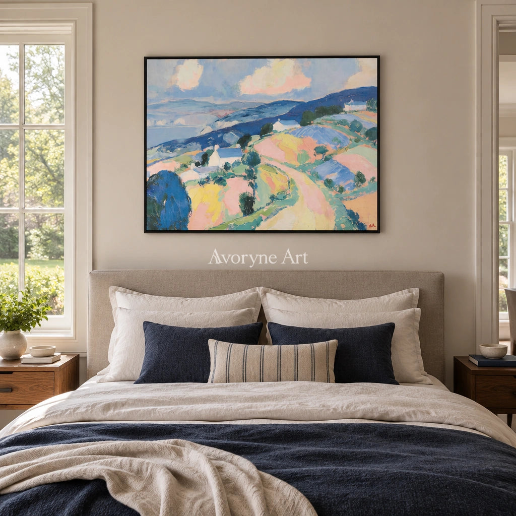 Ivory Open Gesture: Pastel Hillside Art — bedroom black