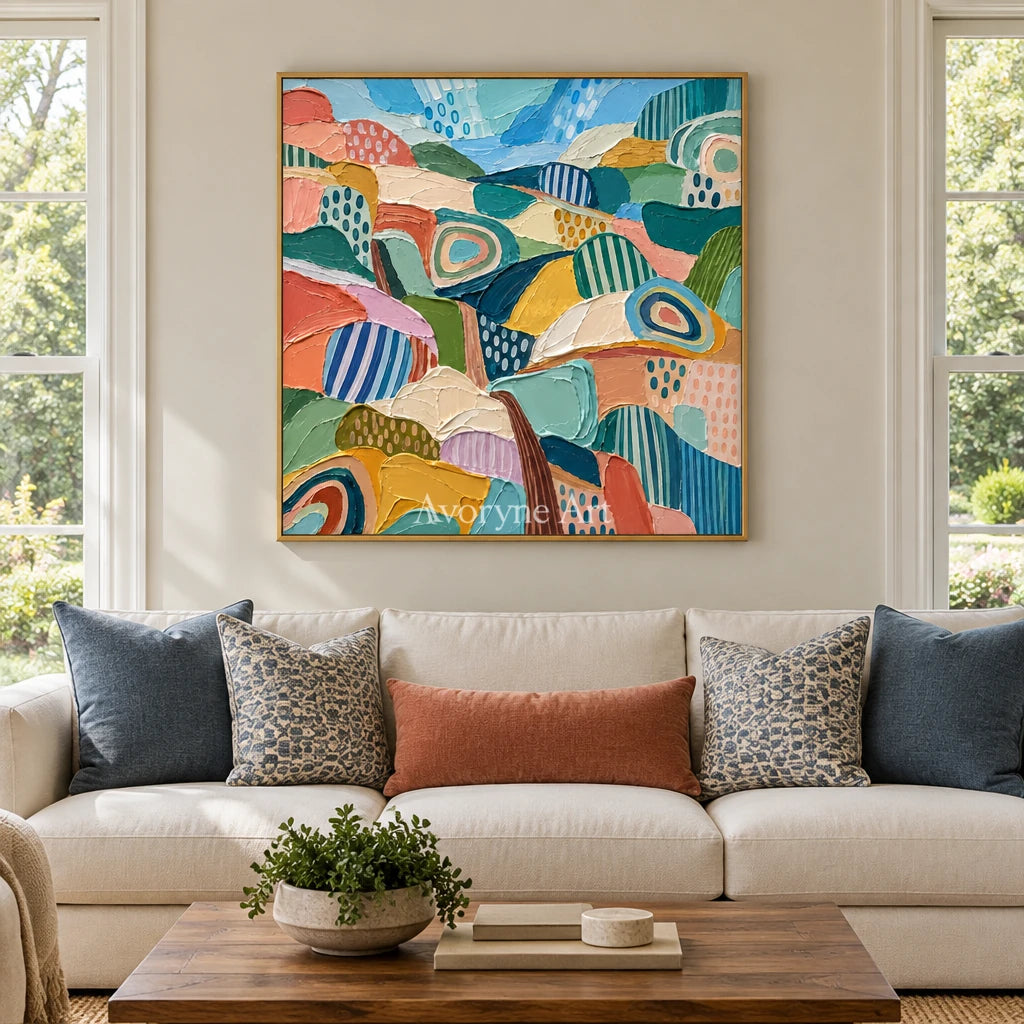 Amber Rhythm patterned field wall art with a gold frame hanging in a living room