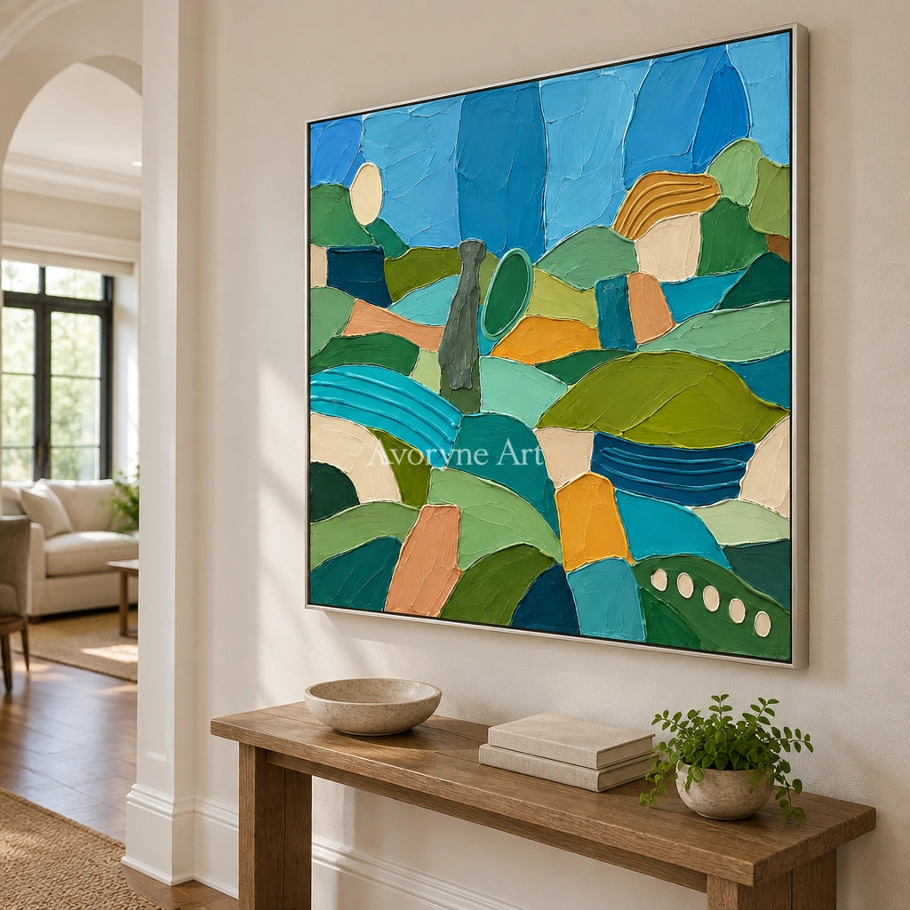 Amber Drift patterned field wall art with a silver frame in an entryway