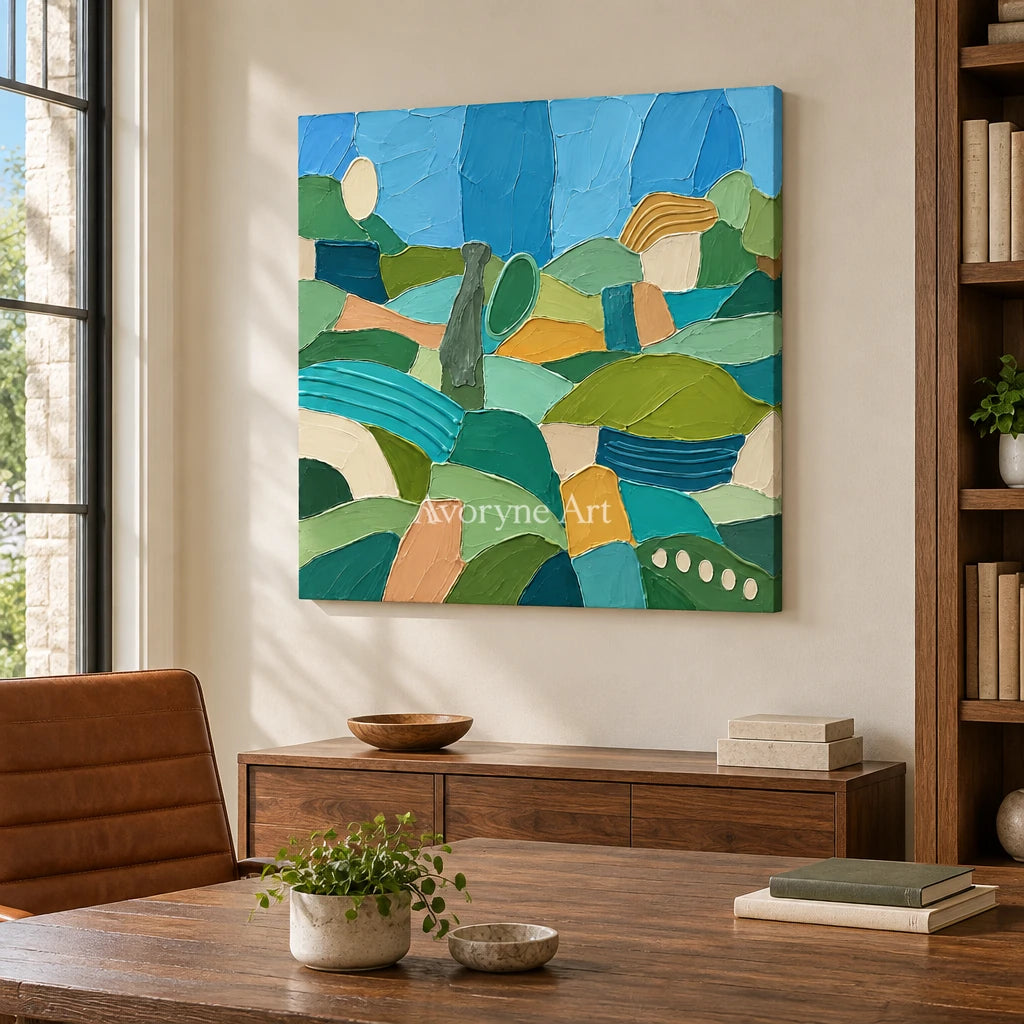 Amber Drift patterned field wall art as a frameless stretched canvas in a home office