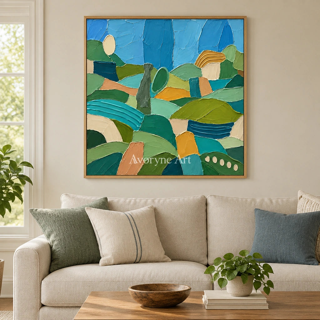 Amber Drift patterned field wall art with a wood frame in a villa living space