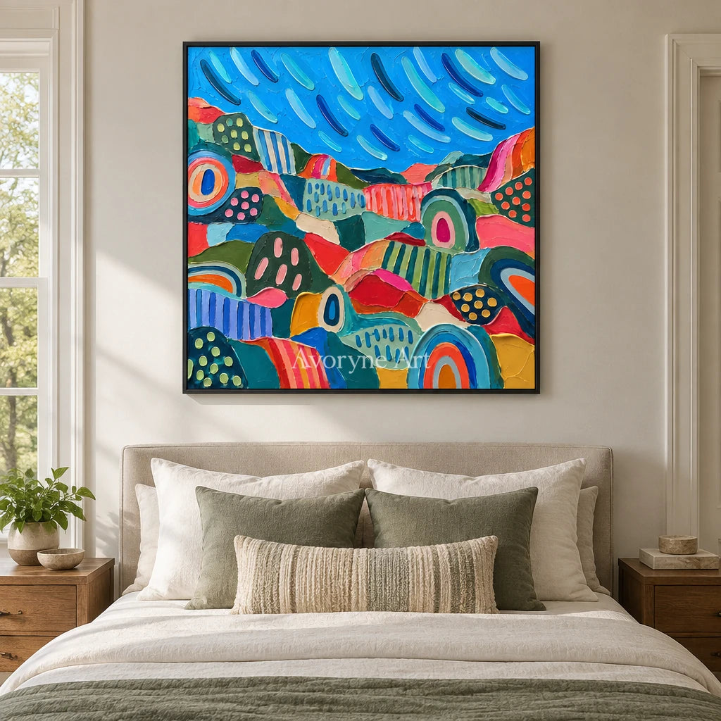 Amber Prelude patterned field wall art with a black frame above a bed in a bedroom