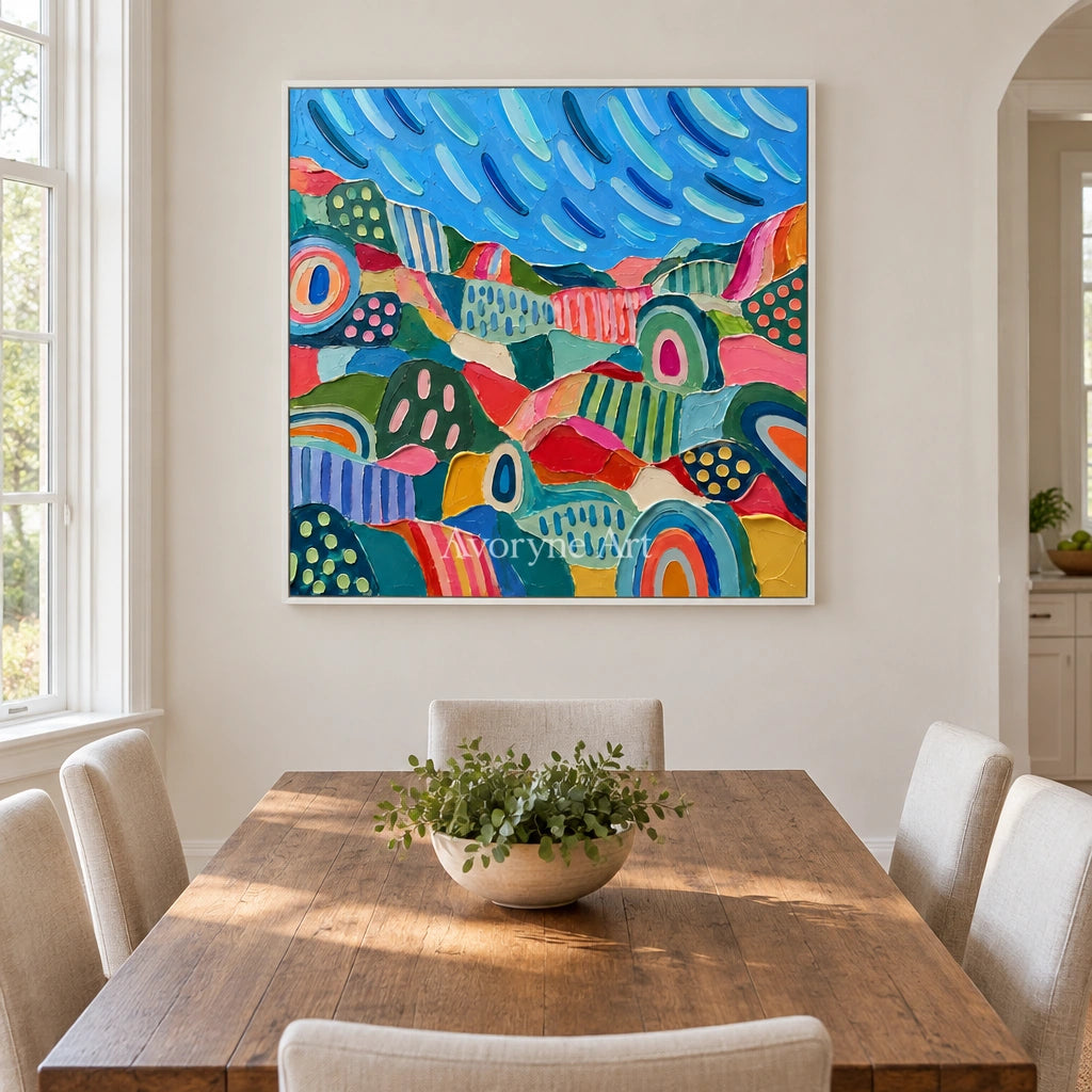 Amber Prelude patterned field wall art with a white frame in a dining room