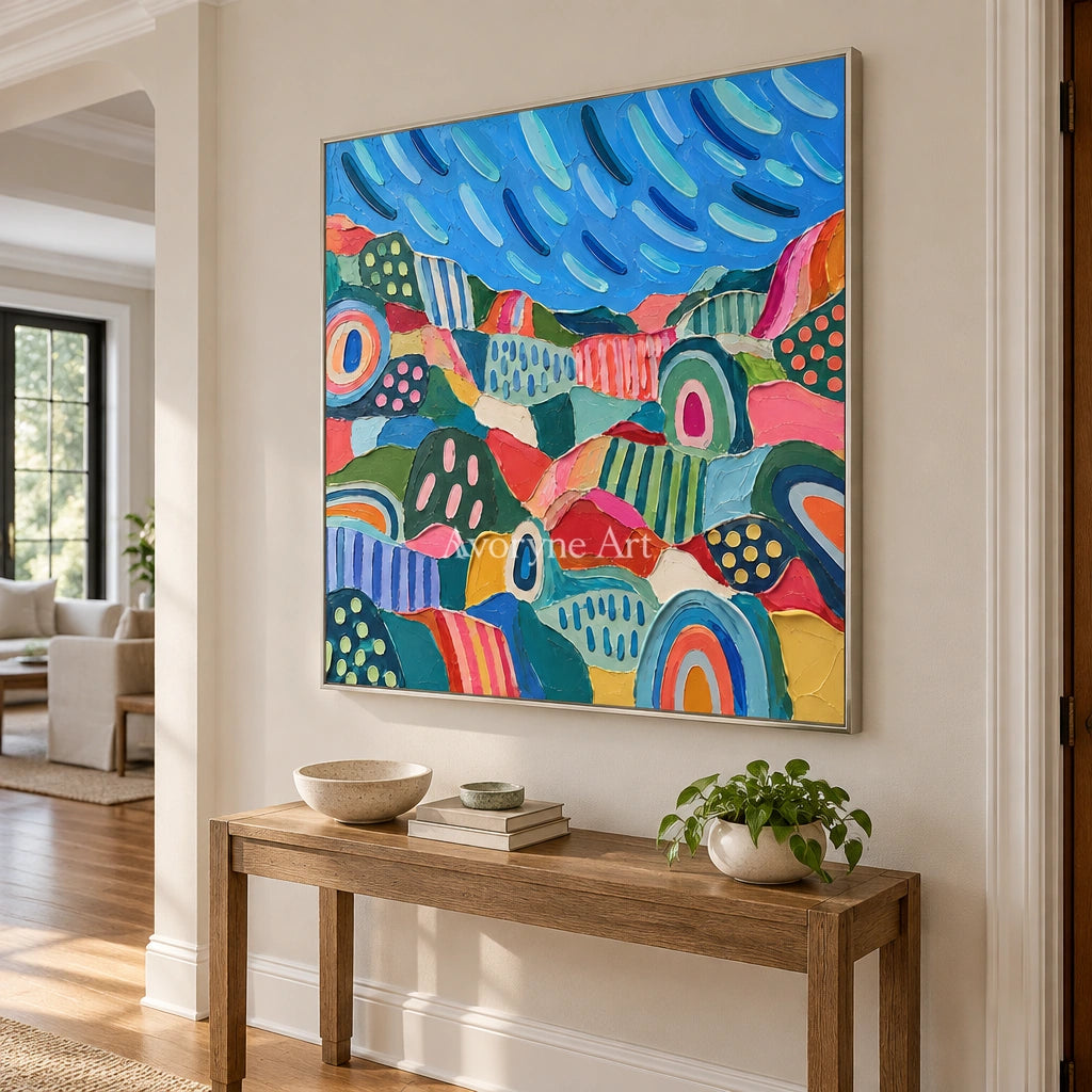 Amber Prelude patterned field wall art with a silver frame in an entryway