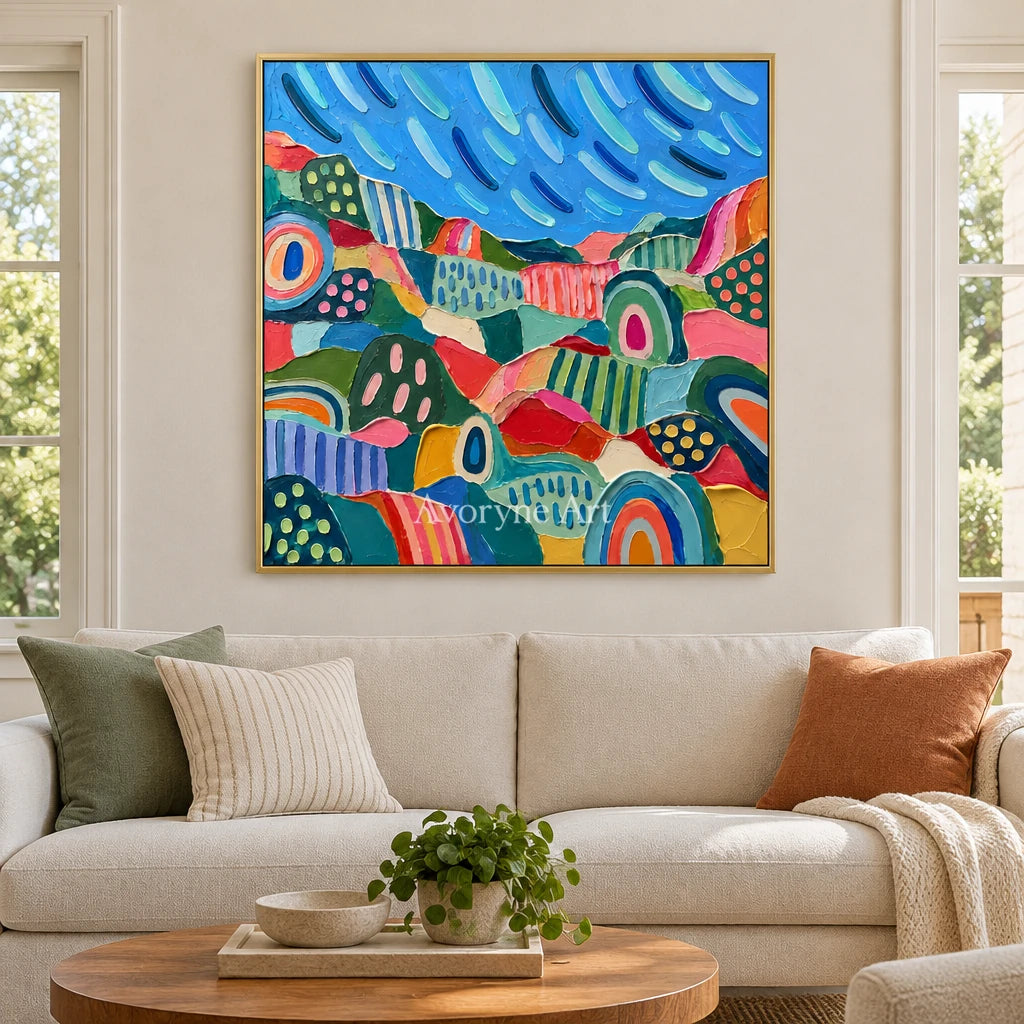 Amber Prelude patterned field wall art with a gold frame hanging in a living room