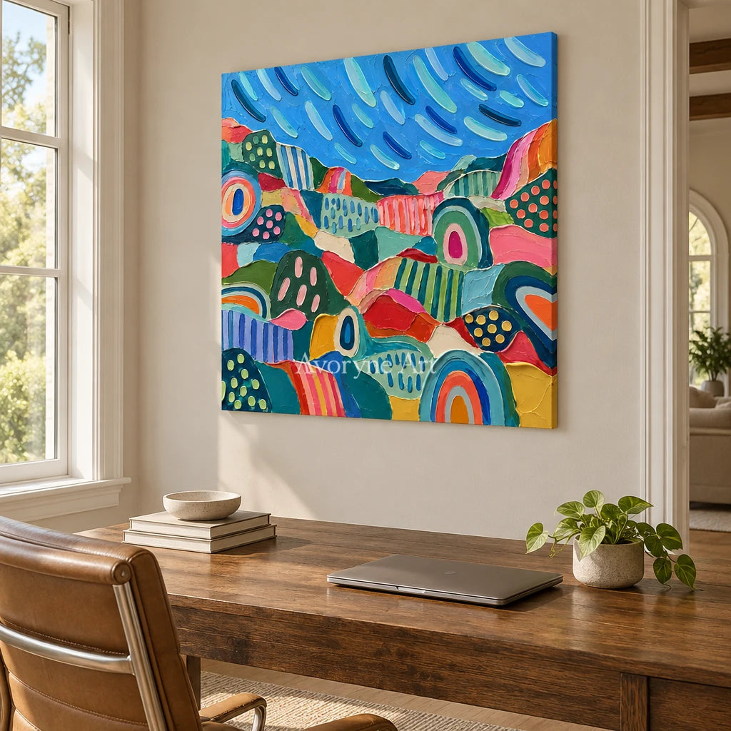Amber Prelude patterned field wall art as a frameless stretched canvas in a home office