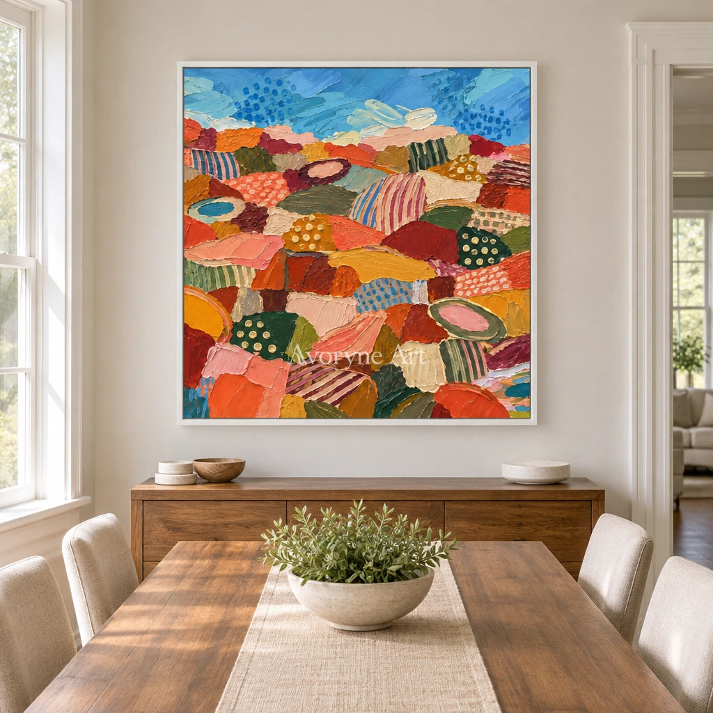 Amber Vista patterned field wall art with a white frame in a dining room