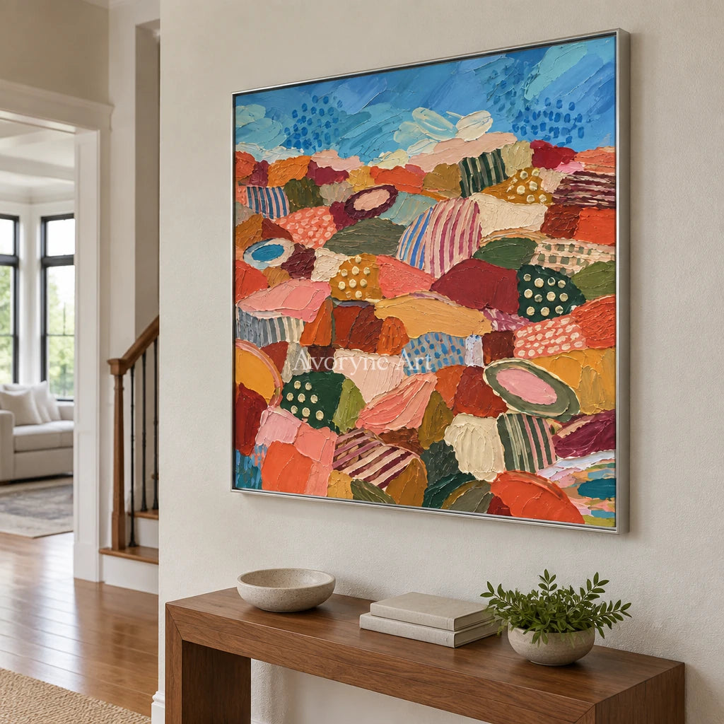 Amber Vista patterned field wall art with a silver frame in an entryway