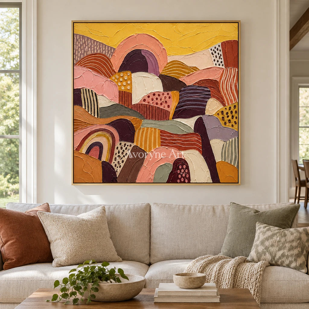 Amber Solace patterned field wall art with a gold frame hanging in a living room