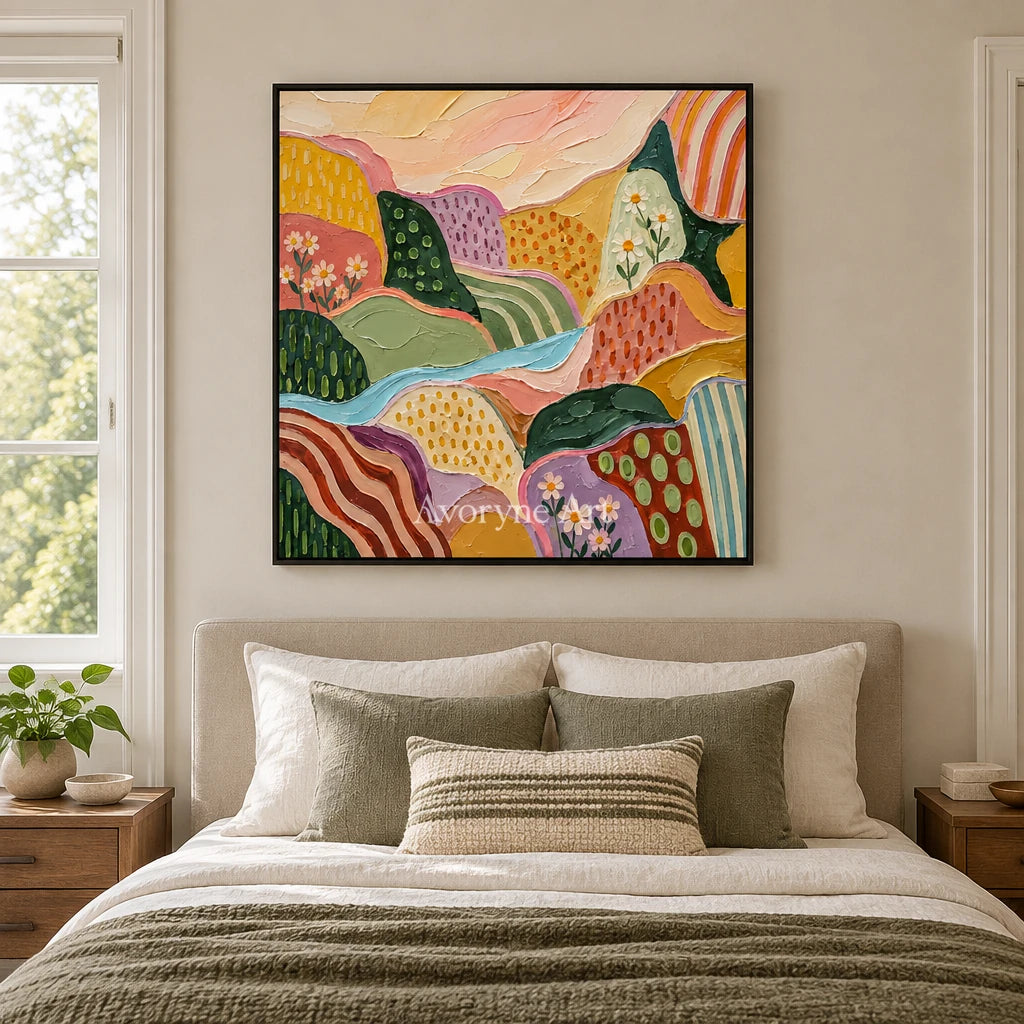 Amber Reverberation patterned field wall art with a black frame above a bed in a bedroom
