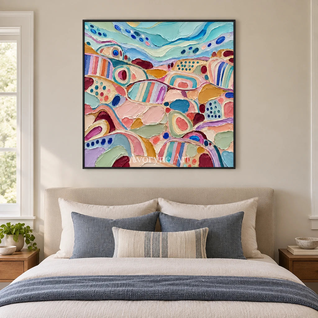 Soft Cadence patterned field wall art with a black frame above a bed in a bedroom