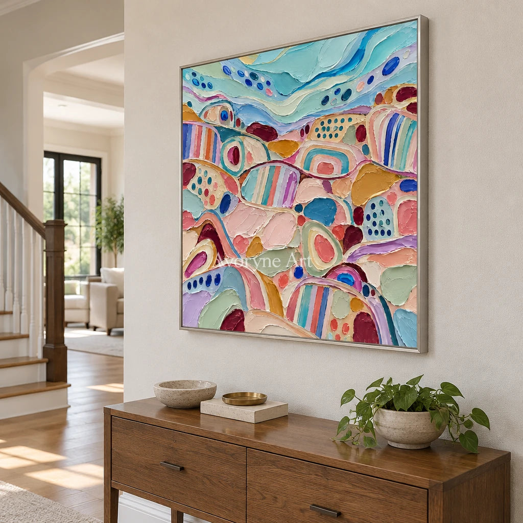 Soft Cadence patterned field wall art with a silver frame in an entryway