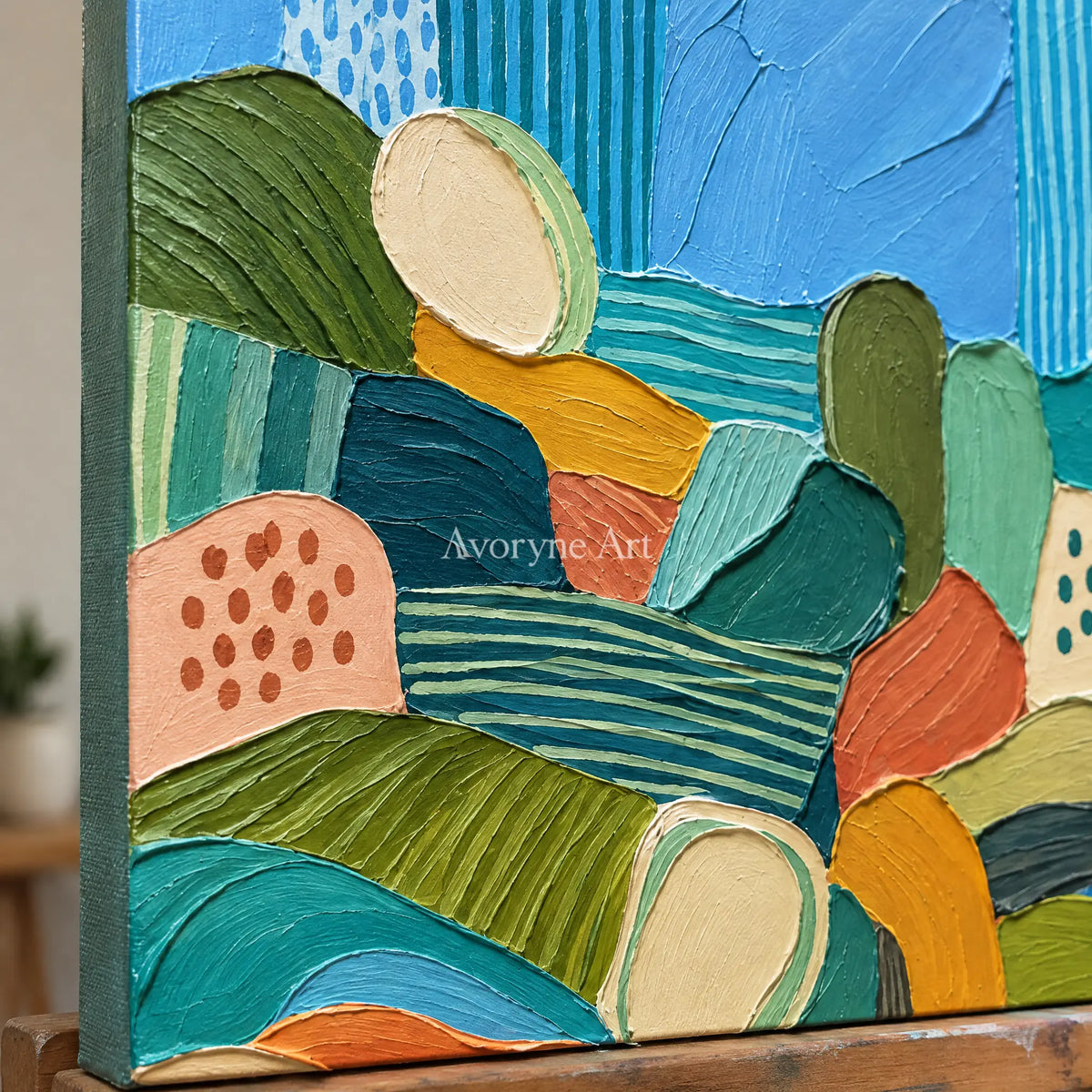Close-up of the hand-painted texture of Soft Reverie patterned field wall art on an easel