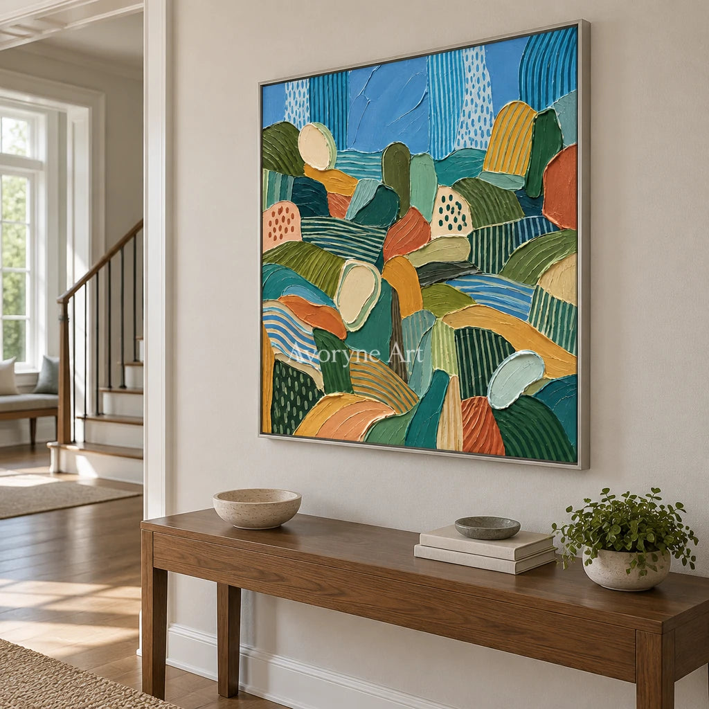 Soft Reverie patterned field wall art with a silver frame in an entryway