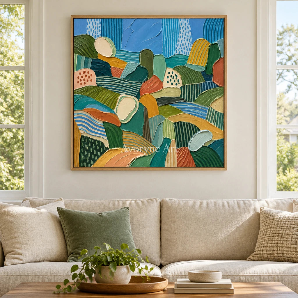Soft Reverie patterned field wall art with a wood frame in a villa living space