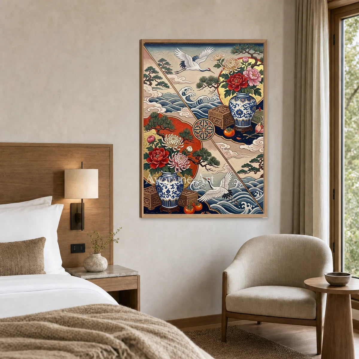 Porcelain Flight: Peony Vase and Crane Decorative Wall Art — hotel wood