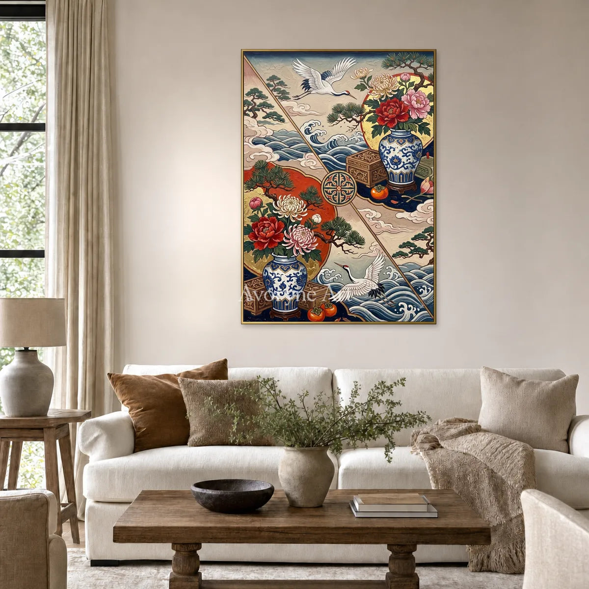 Porcelain Flight: Peony Vase and Crane Decorative Wall Art — living gold