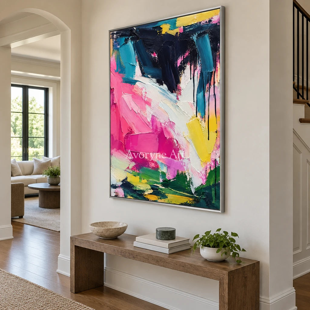 Pink Crescendo: Pink and Blue Abstract Wall Art — entry silver