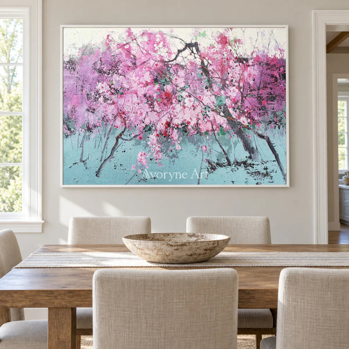 Pink Branch Rhapsody: Pink Textured Blossom Branch Wall Art — dining white