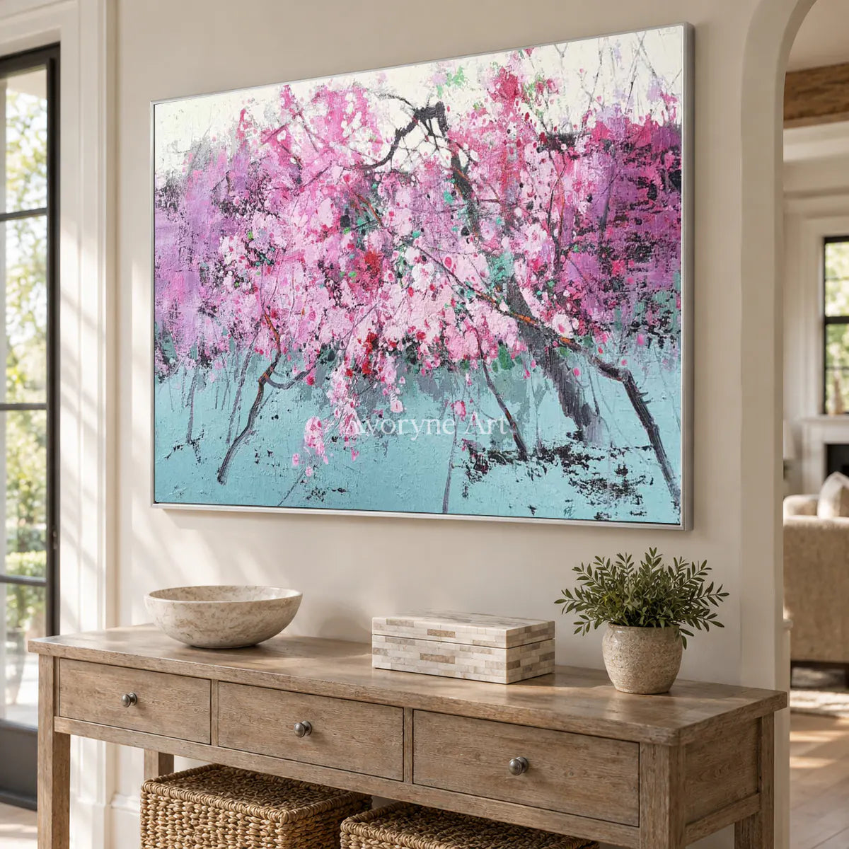 Pink Branch Rhapsody: Pink Textured Blossom Branch Wall Art — entry silver