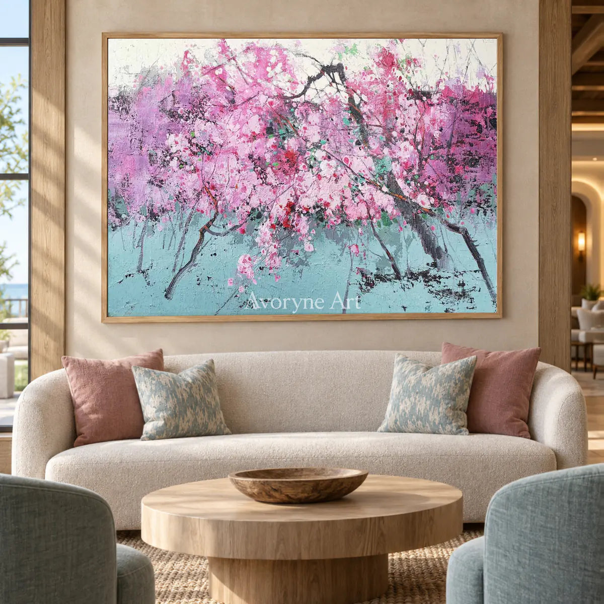 Pink Branch Rhapsody: Pink Textured Blossom Branch Wall Art — hotel wood