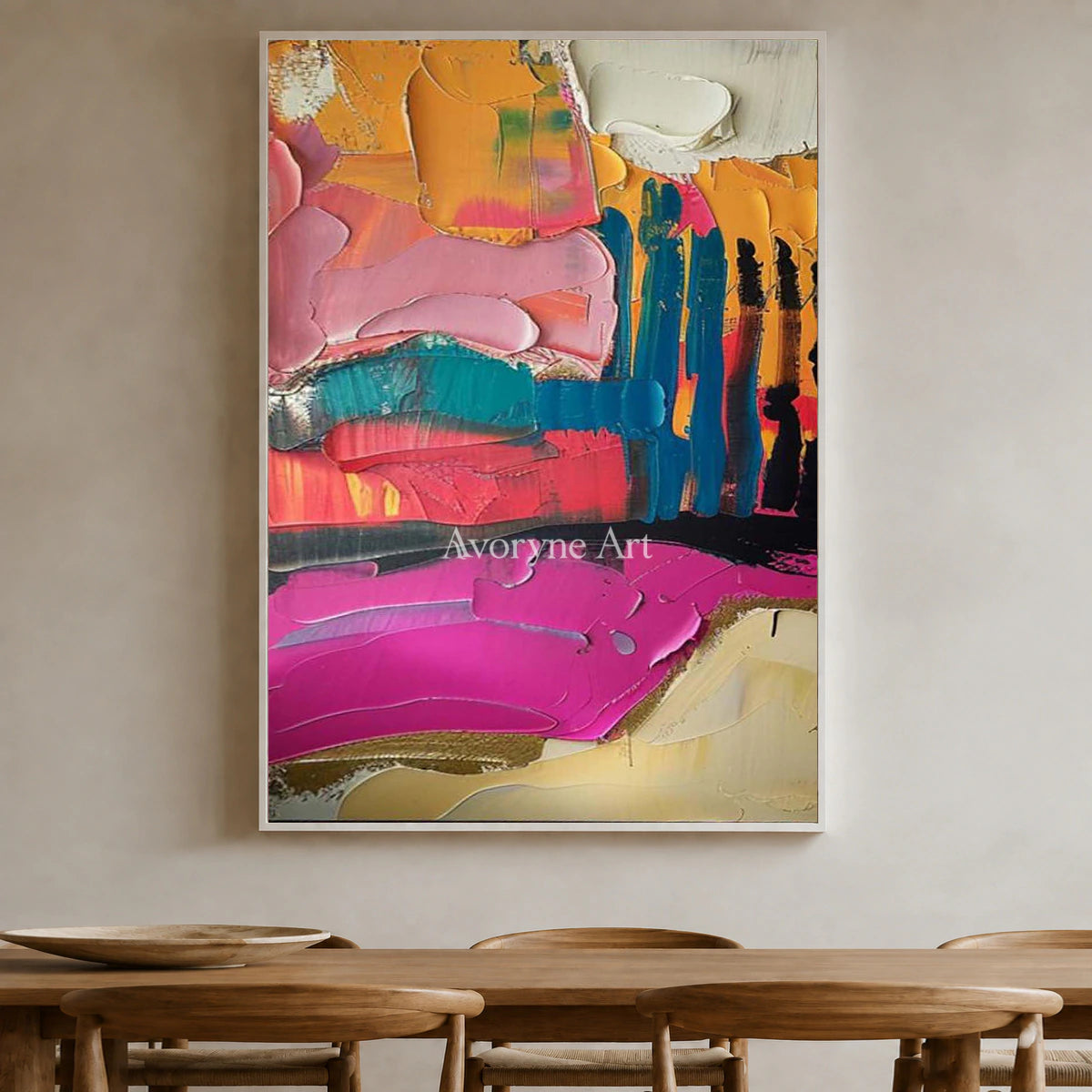 Rose Momentum: Pink Textured Colorful Abstract Wall Art — dining white