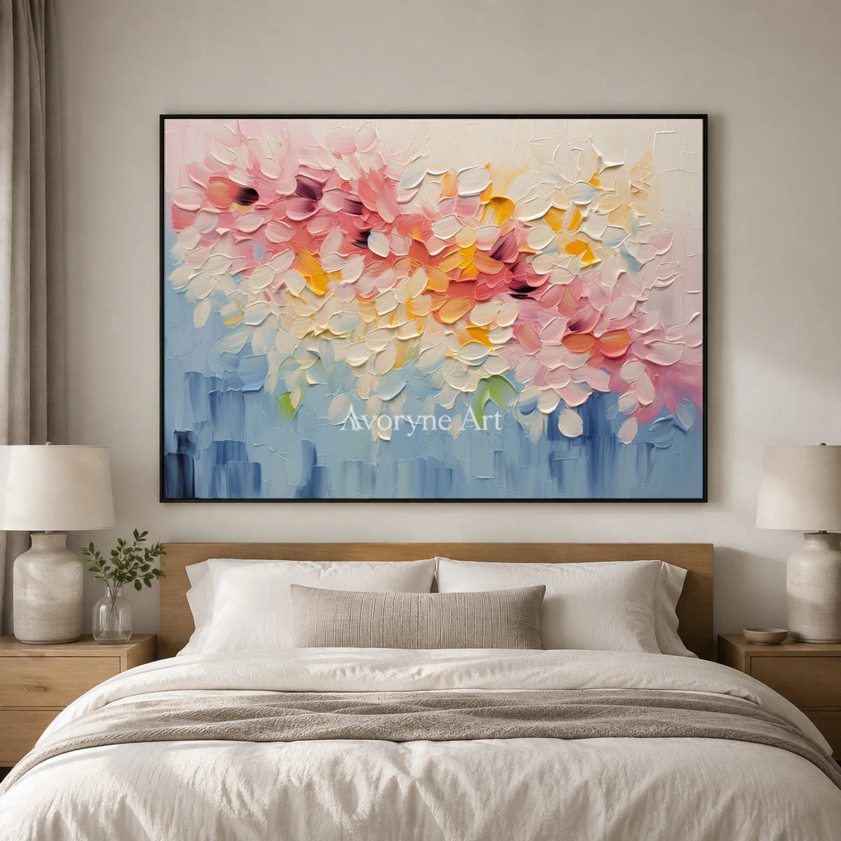 Blossom Tides: Pink Textured Floral Wall Art — bedroom black