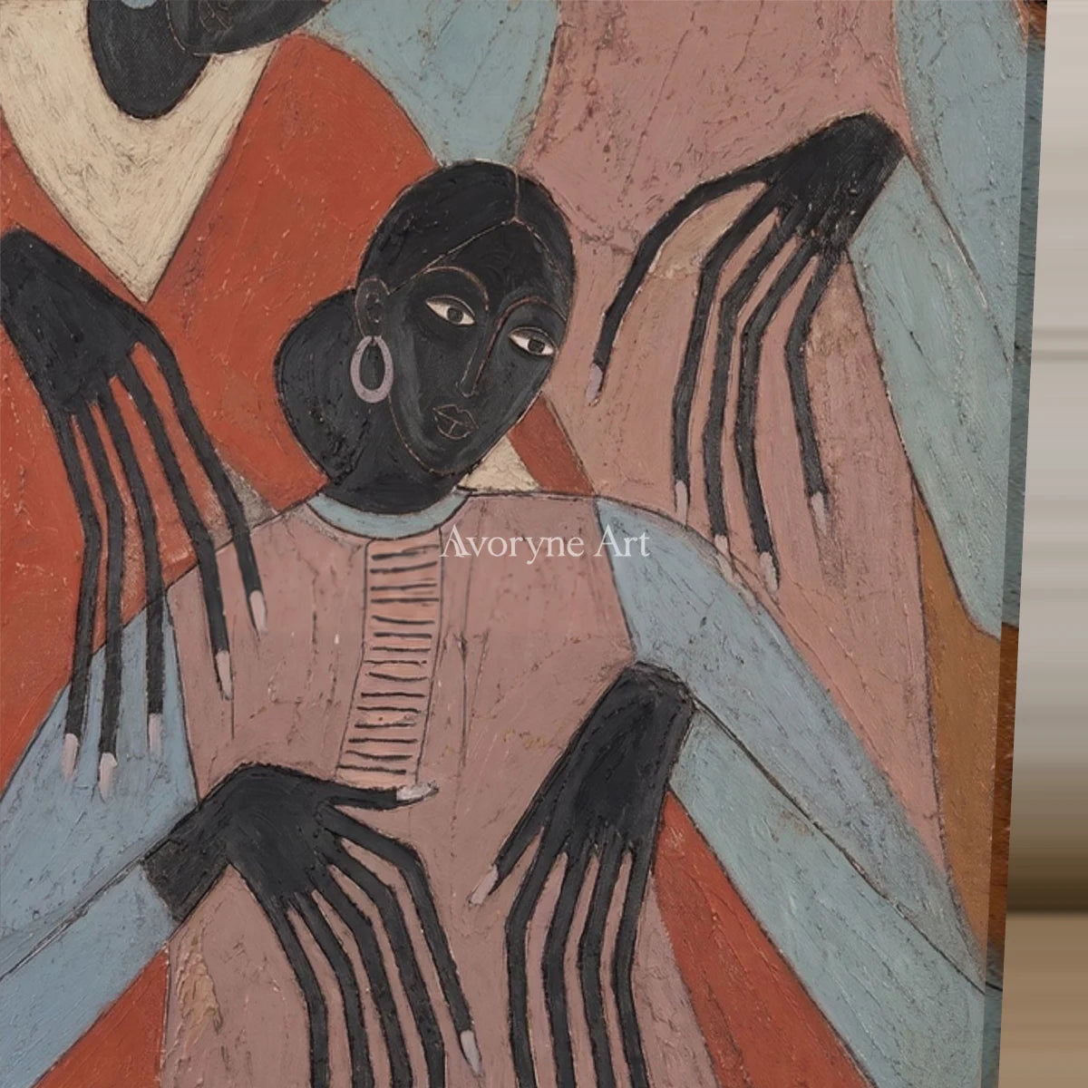Sisters in Terracotta: Pink Three Women Figurative Wall Art — detail easel