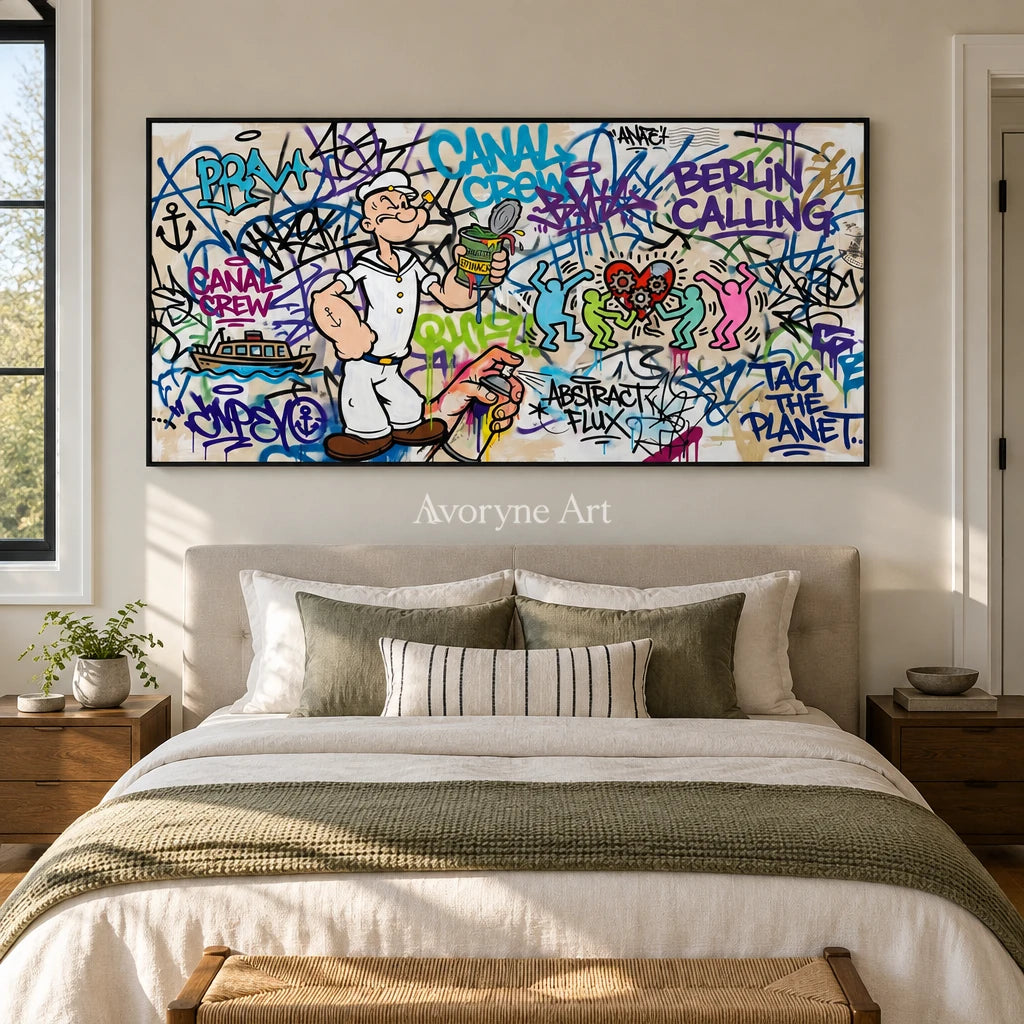 Soft Story playful character wall art with a black frame above a bed in a bedroom