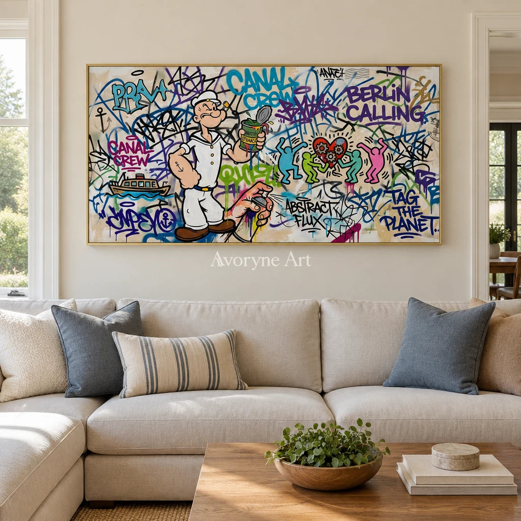 Soft Story playful character wall art with a gold frame hanging in a living room