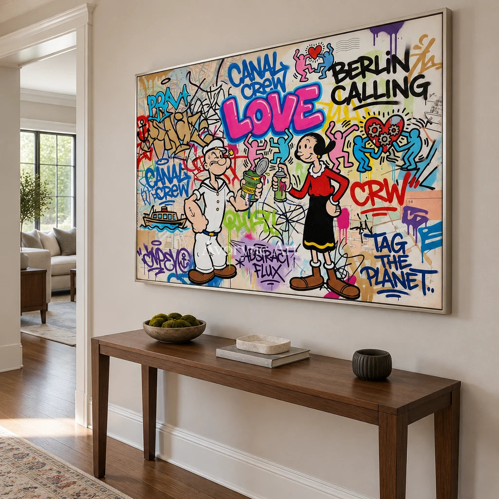 Soft Vista playful character wall art with a silver frame in an entryway