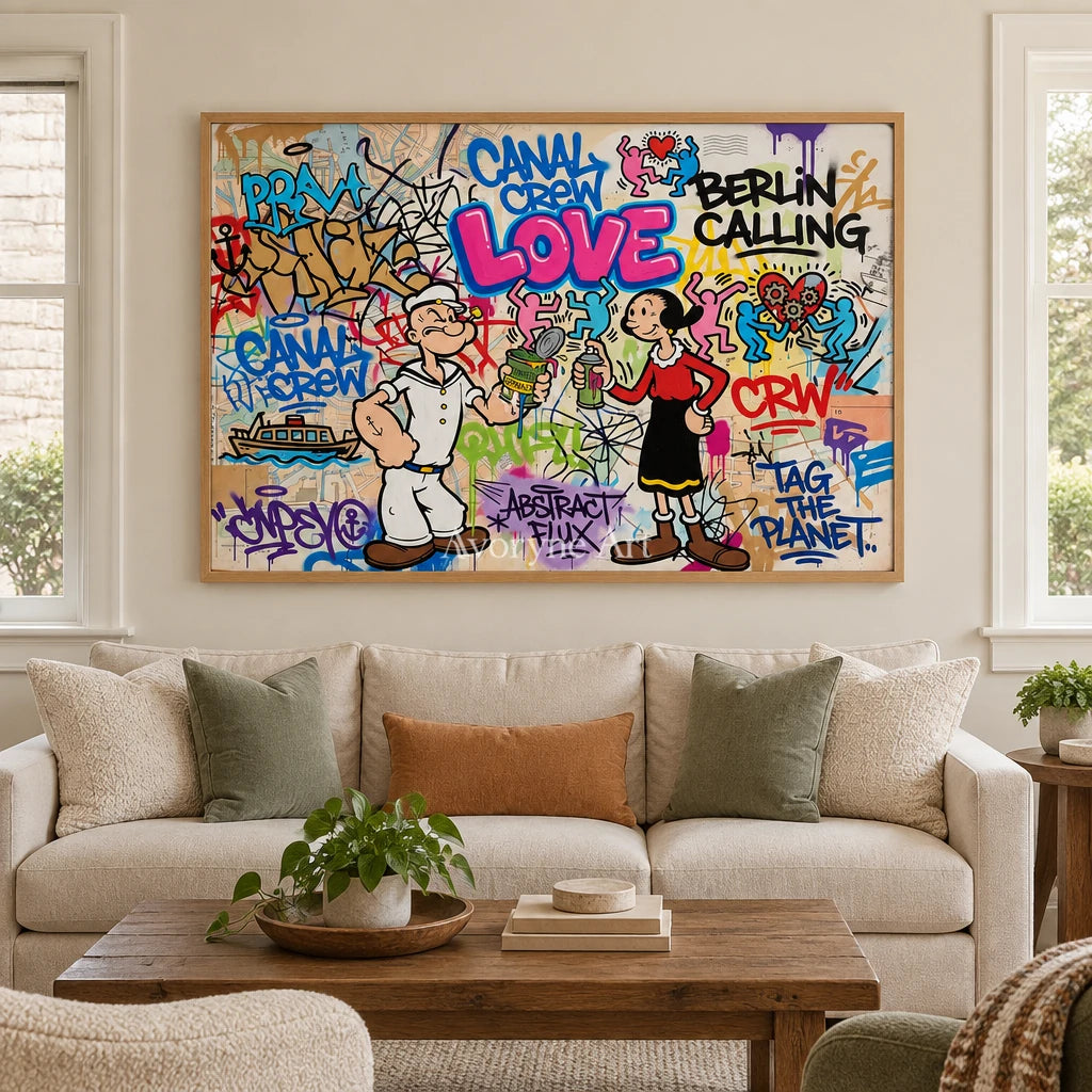 Soft Vista playful character wall art with a wood frame in a villa living space