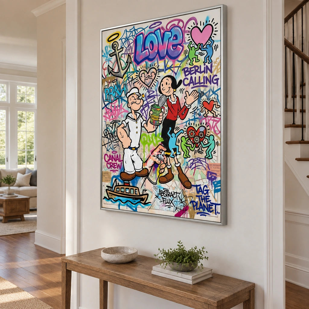 Soft Current playful character wall art with a silver frame in an entryway