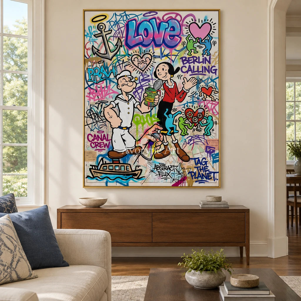 Soft Current playful character wall art with a gold frame hanging in a living room