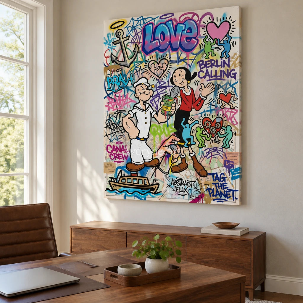 Soft Current playful character wall art as a frameless stretched canvas in a home office