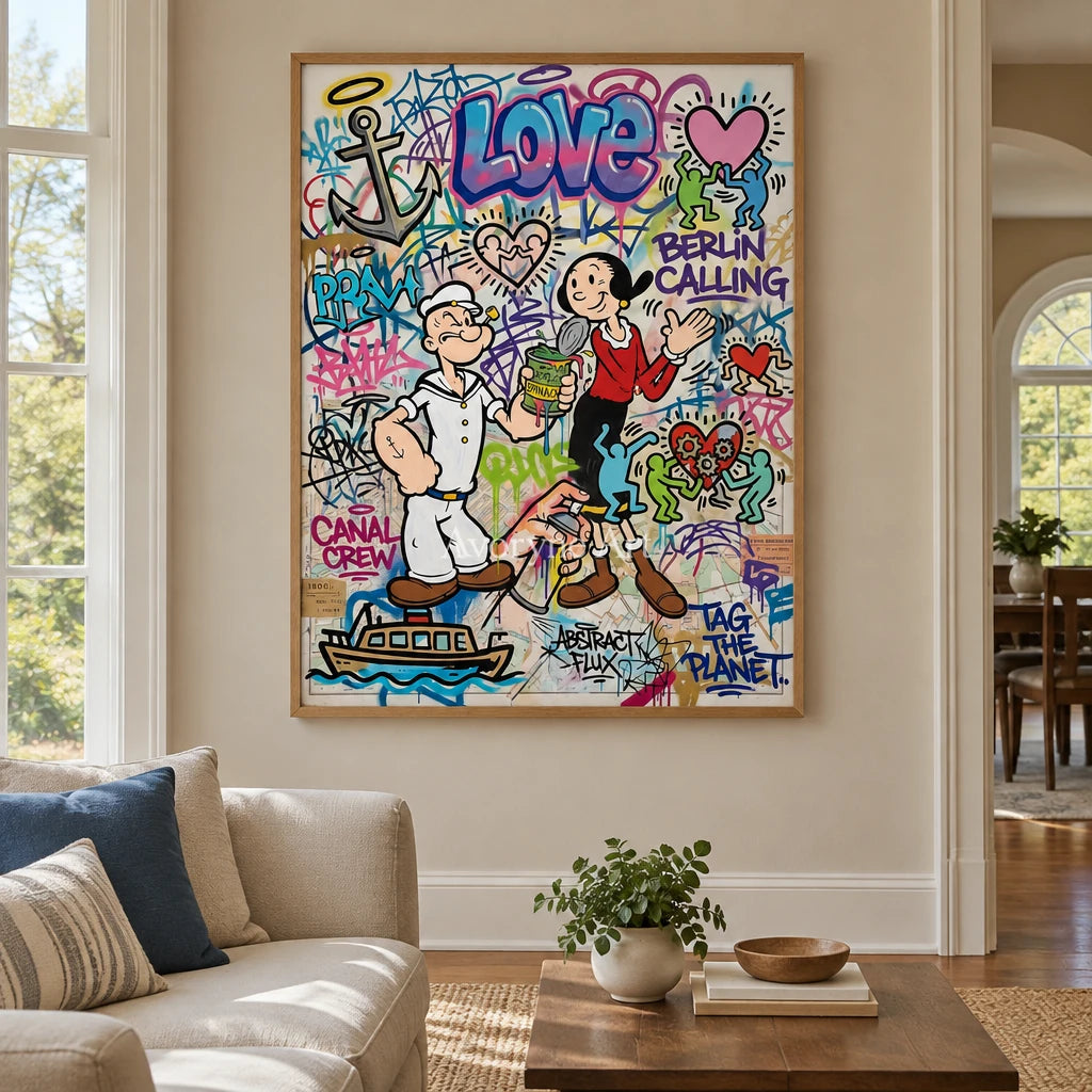 Soft Current playful character wall art with a wood frame in a villa living space