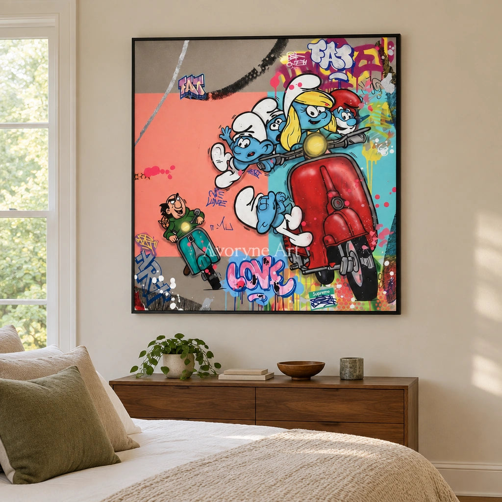 Soft Reverberation playful character wall art with a black frame above a bed in a bedroom