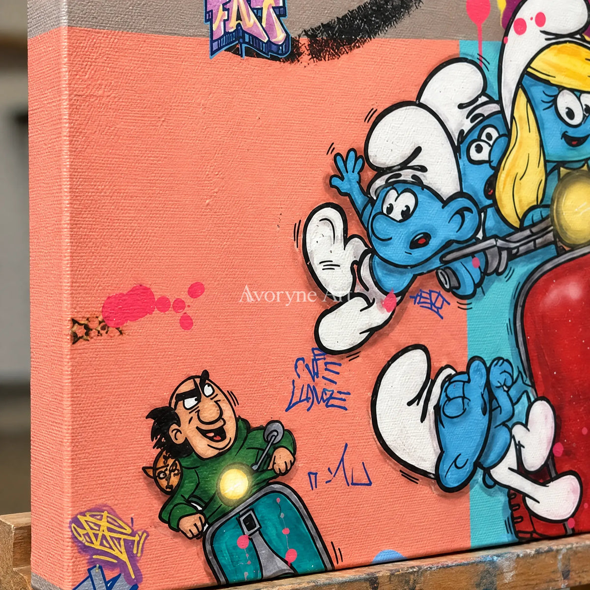Close-up of the hand-painted texture of Soft Reverberation playful character wall art on an easel