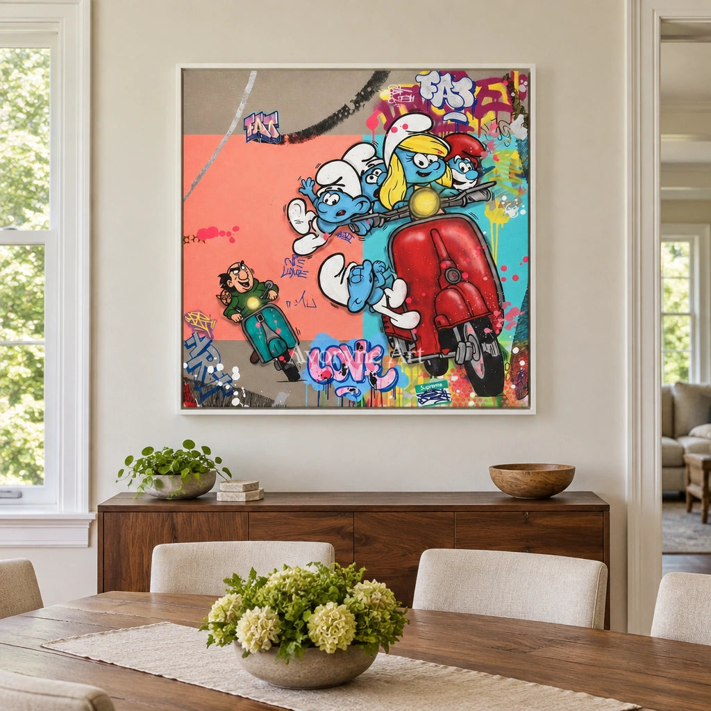 Soft Reverberation playful character wall art with a white frame in a dining room