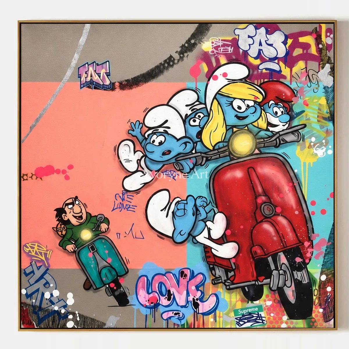 Soft Reverberation, hand-painted playful character wall art by Jeroen van der Meer