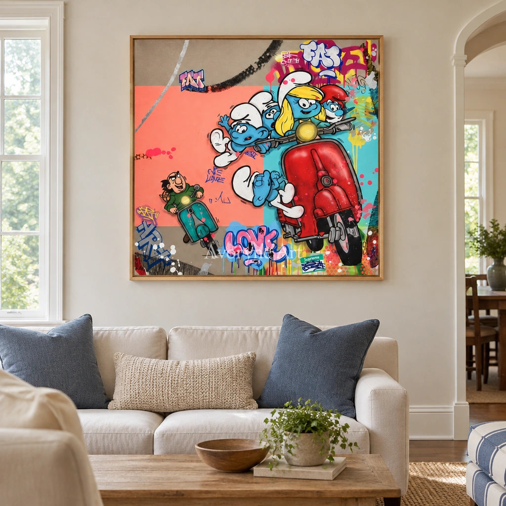 Soft Reverberation playful character wall art with a wood frame in a villa living space