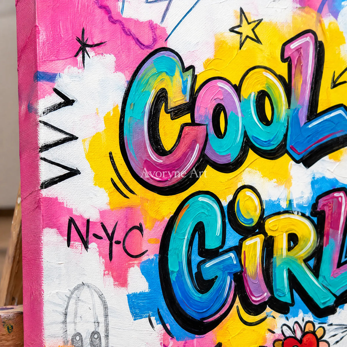 Close-up of the hand-painted texture of Soft Dialogue playful character wall art on an easel