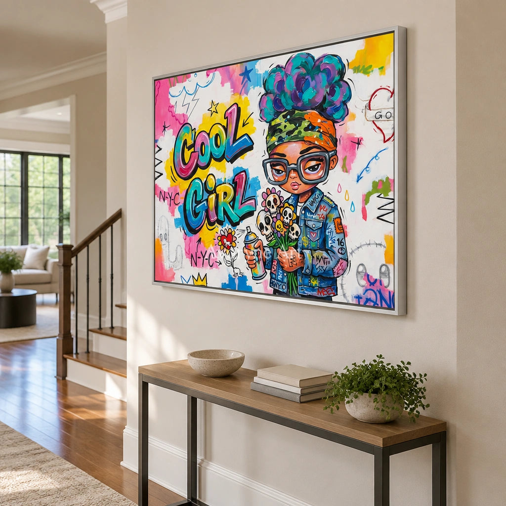 Soft Dialogue playful character wall art with a silver frame in an entryway