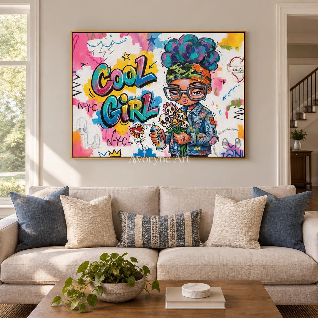 Soft Dialogue playful character wall art with a gold frame hanging in a living room