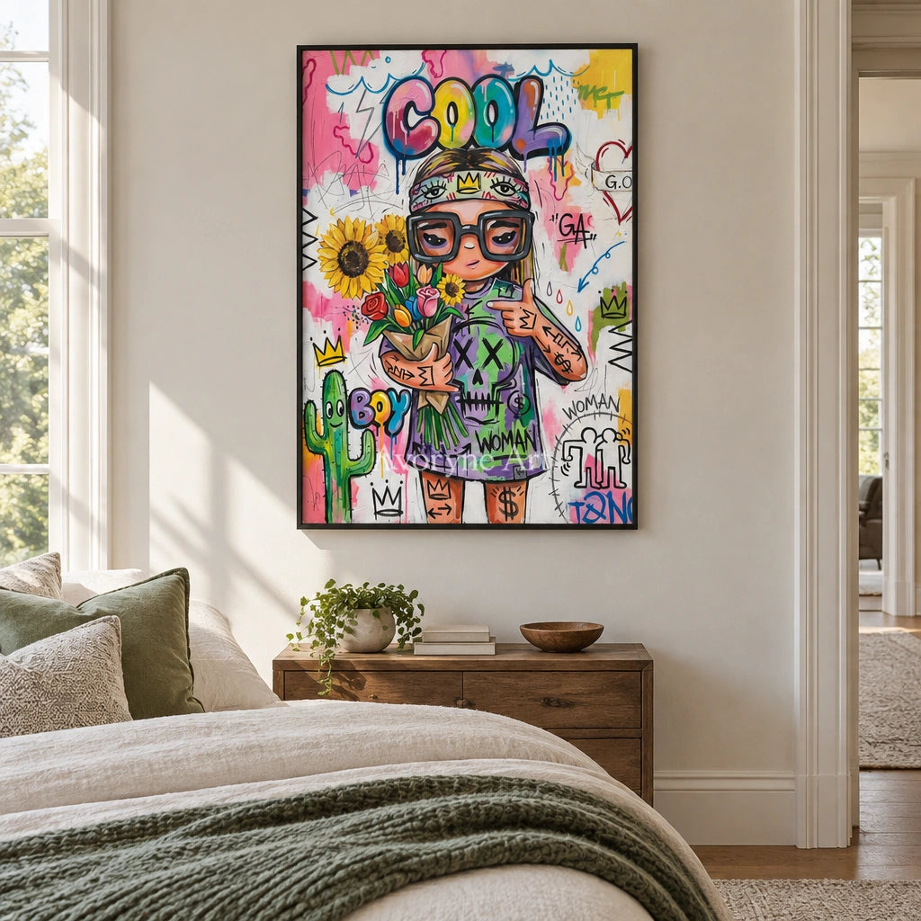 Hidden Cadence playful character wall art with a black frame above a bed in a bedroom